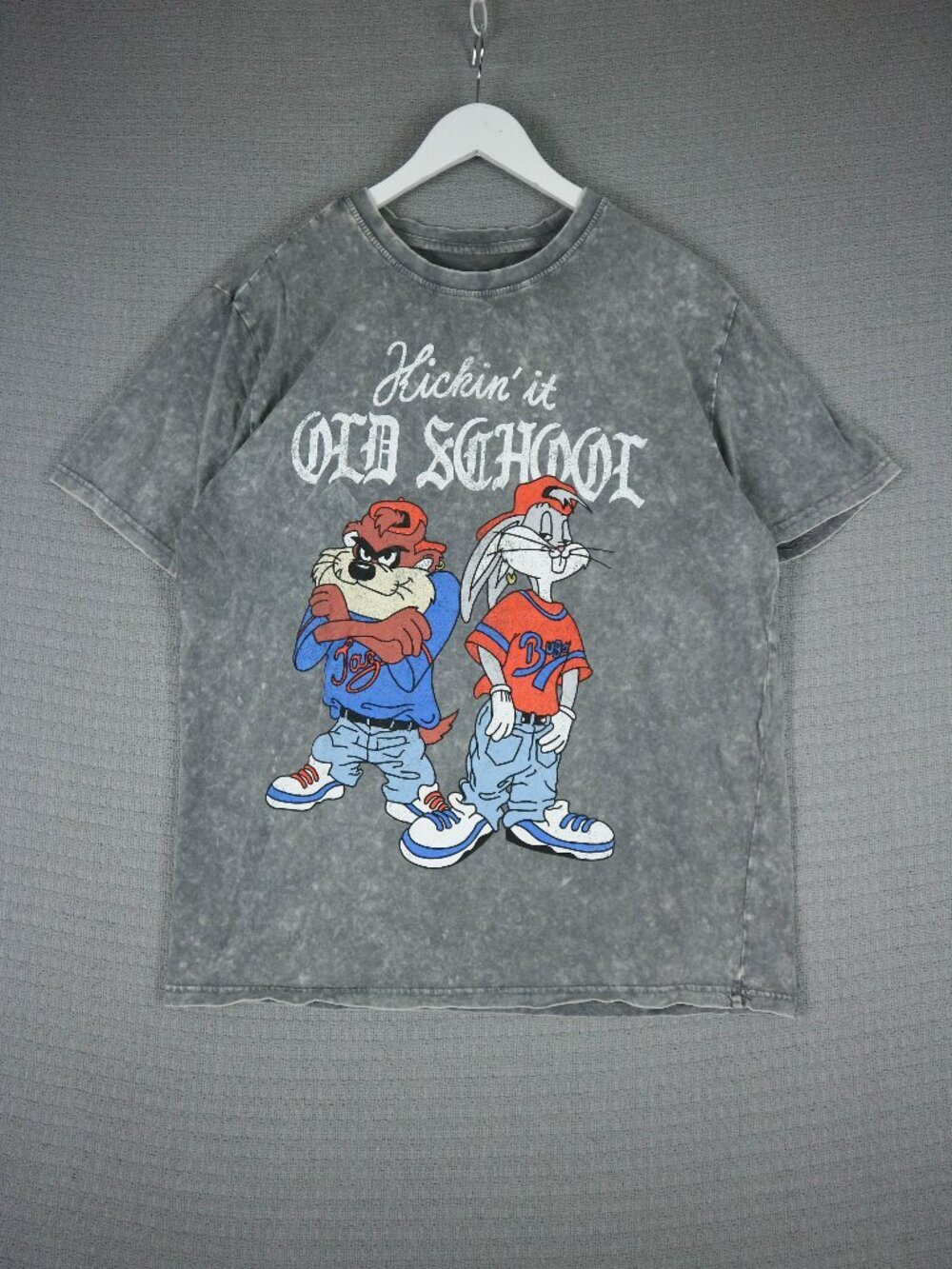 Looney Tunes Kickin It Old School Mens Acid Wash Grey Medium